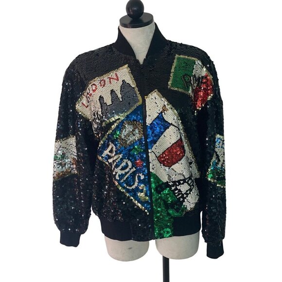 I B Diffusion Vintage Womens Jacket Size Medium Black Sequin Travel Theme Bomber